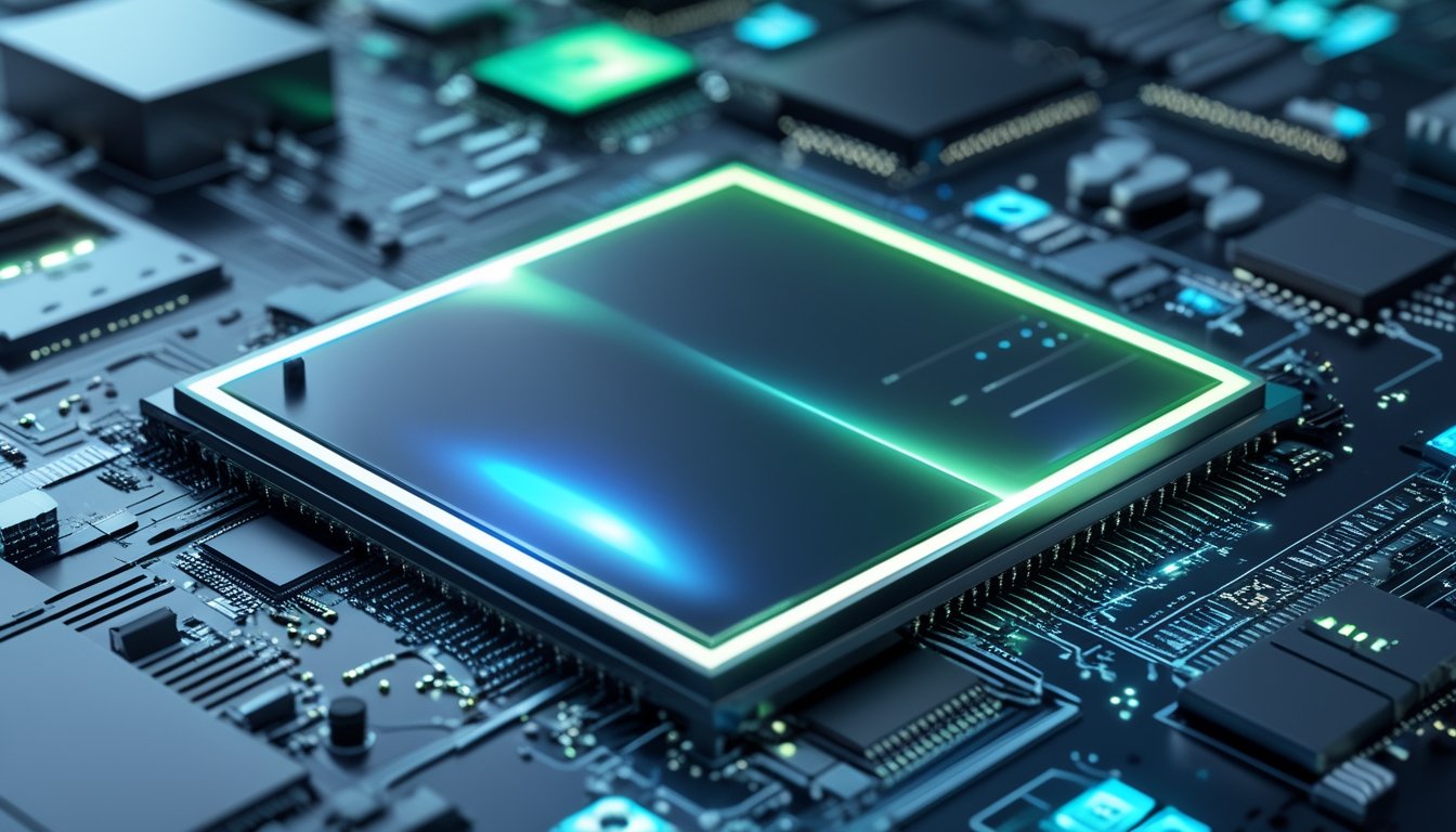 Close-up papan sirkuit smartphone dengan chip prosesor futuristik yang menyala, dikelilingi komponen elektronik dan pola teknologi abstrak.