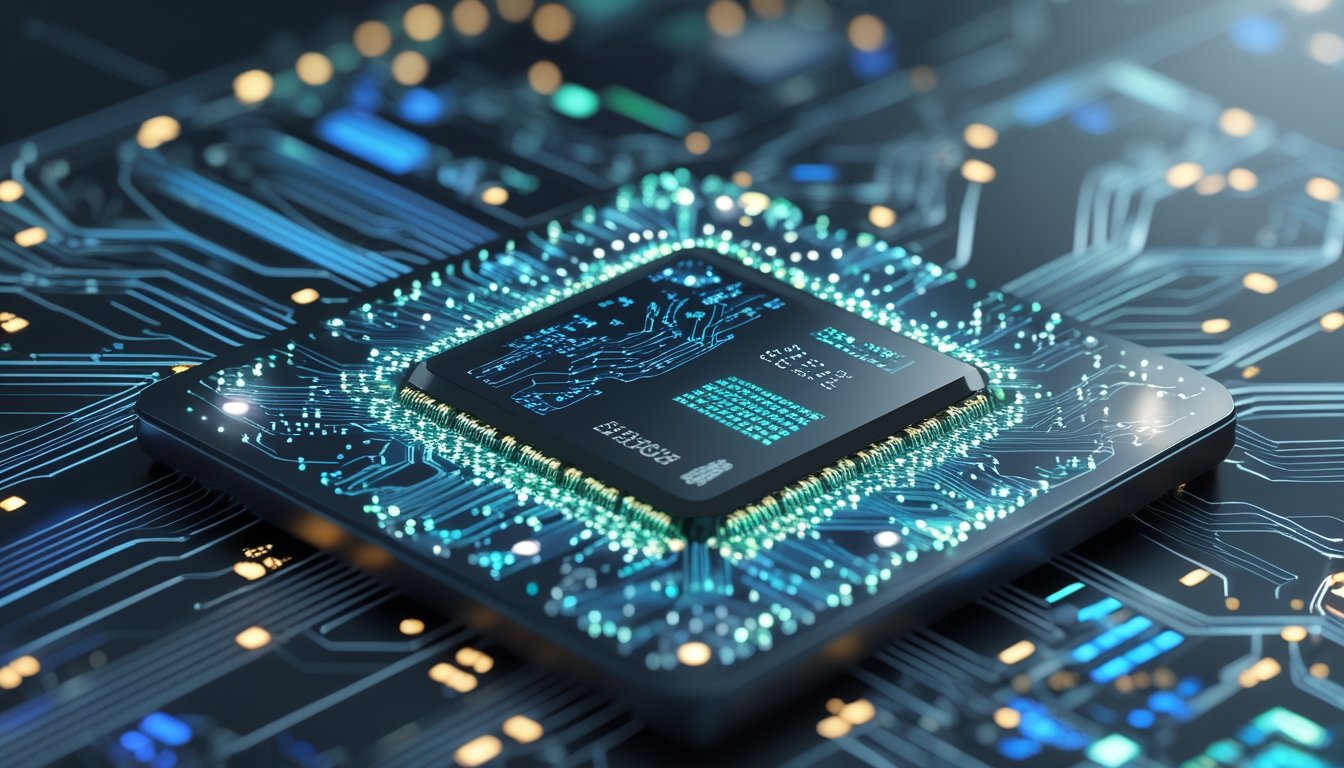 Gambar close-up prosesor handphone futuristik dengan pola sirkuit dan jaringan neural yang menyala, dikelilingi elemen abstrak yang menggambarkan aliran data dan teknologi pembelajaran mesin.