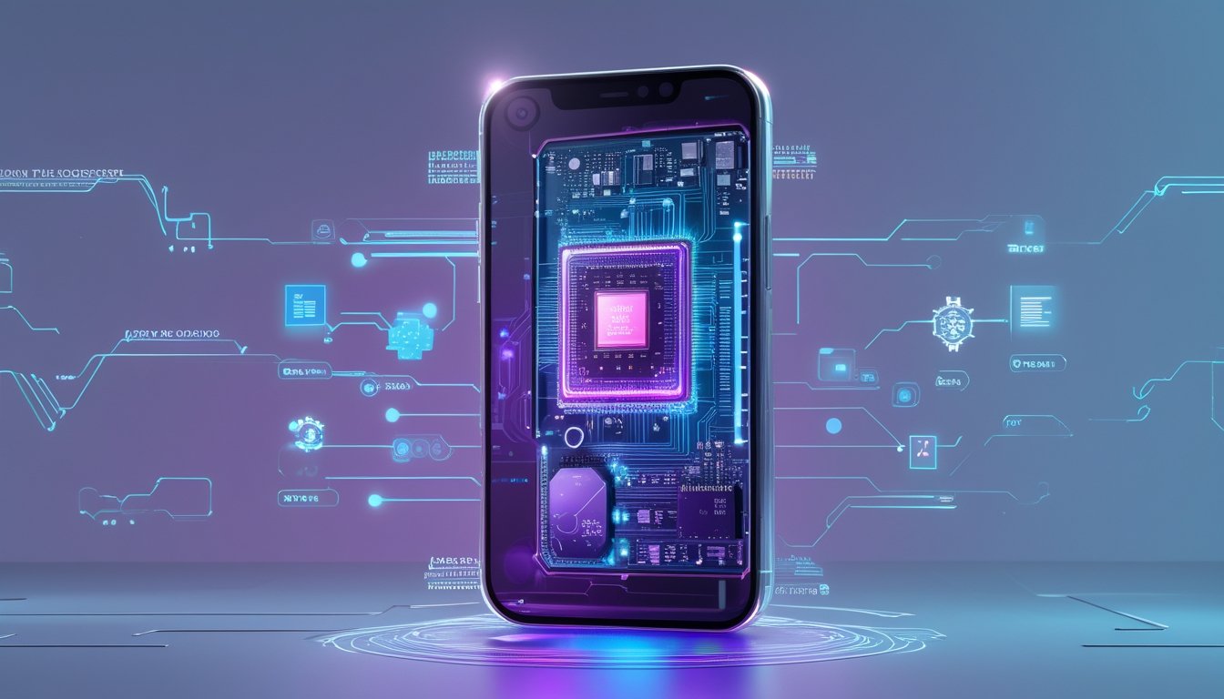 Sebuah ponsel futuristik dengan bagian dalam yang terlihat menampilkan chip neural engine yang menyala, dikelilingi oleh elemen holografik yang menggambarkan aliran data dan koneksi jaringan saraf.