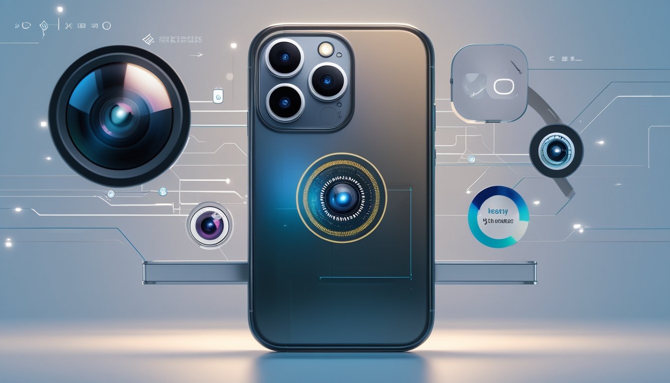Sebuah smartphone modern dengan tampilan prosesor internal yang terlihat, dikelilingi oleh elemen visual yang menggambarkan peningkatan kamera dan performa aplikasi berat.