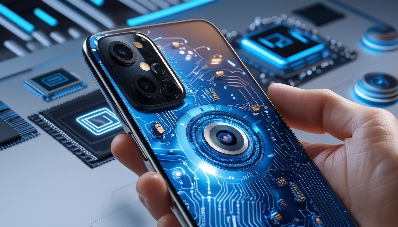 Smartphone modern dengan kamera canggih dan elemen digital yang menggambarkan teknologi prosesor terbaru dan performa aplikasi berat.