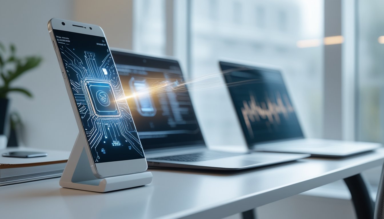 Sebuah smartphone futuristik dan laptop modern berdampingan di atas meja dengan pola sirkuit digital yang menyala pada layar smartphone, menggambarkan teknologi prosesor masa depan.