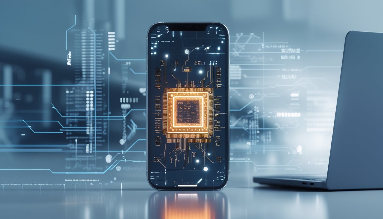 Sebuah ponsel pintar futuristik dengan chip prosesor yang terlihat di bawah layar, dikelilingi elemen digital holografik, dengan latar belakang laptop modern yang samar.