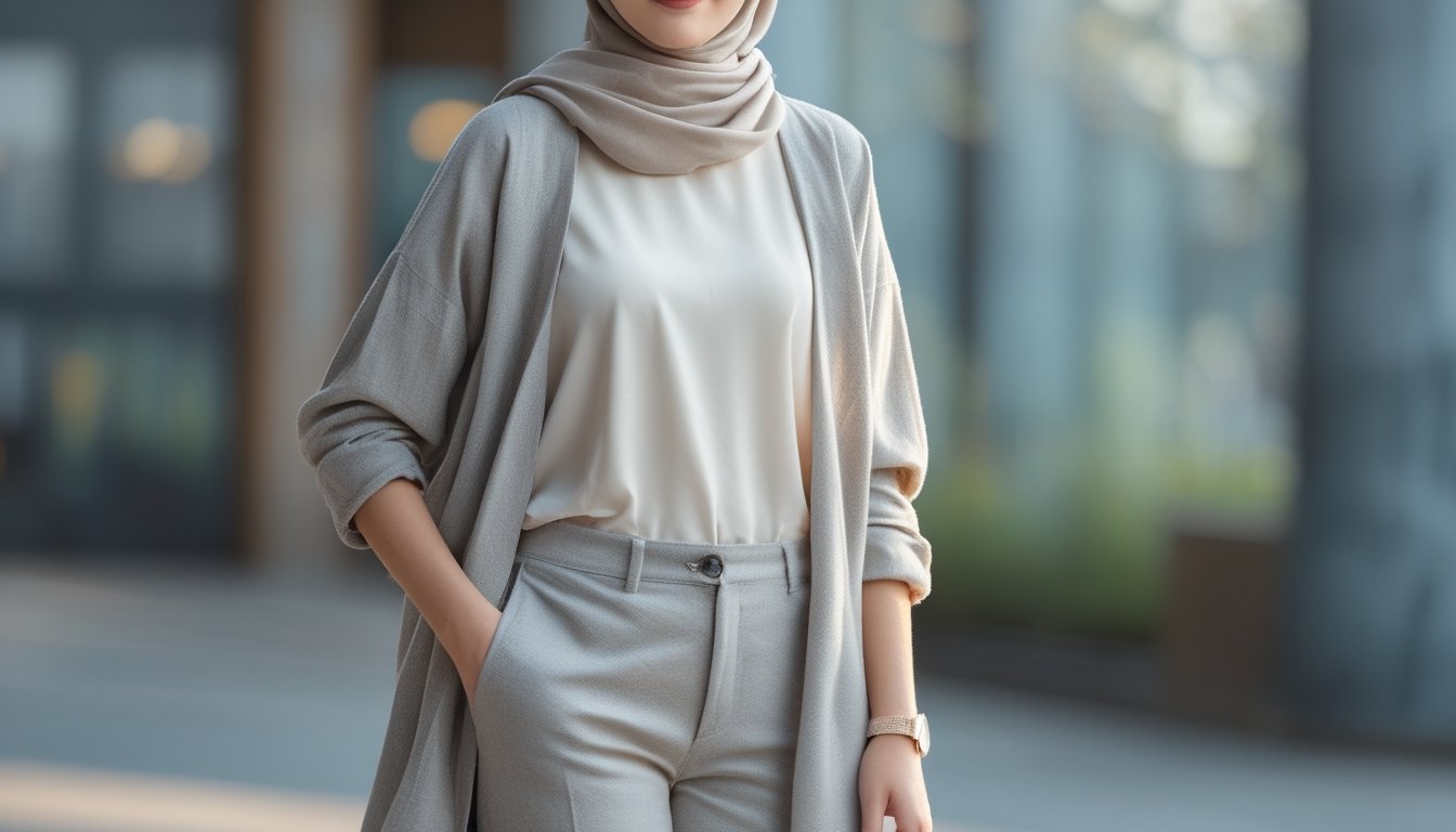 Seorang perempuan mengenakan hijab dan pakaian kasual berdiri di luar ruangan dengan latar belakang kota yang samar.