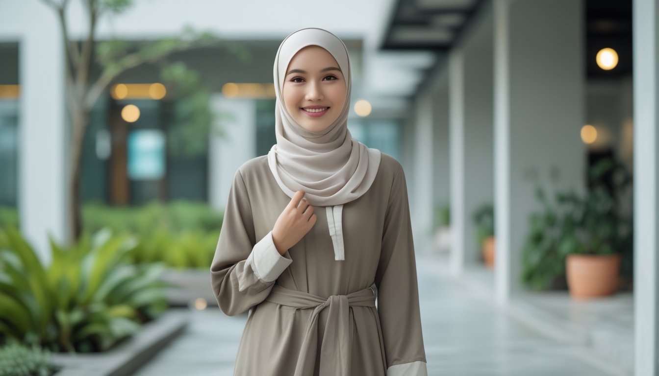 Seorang perempuan mengenakan hijab dan pakaian kasual berdiri di luar ruangan dengan latar arsitektur minimalis dan tanaman hijau.