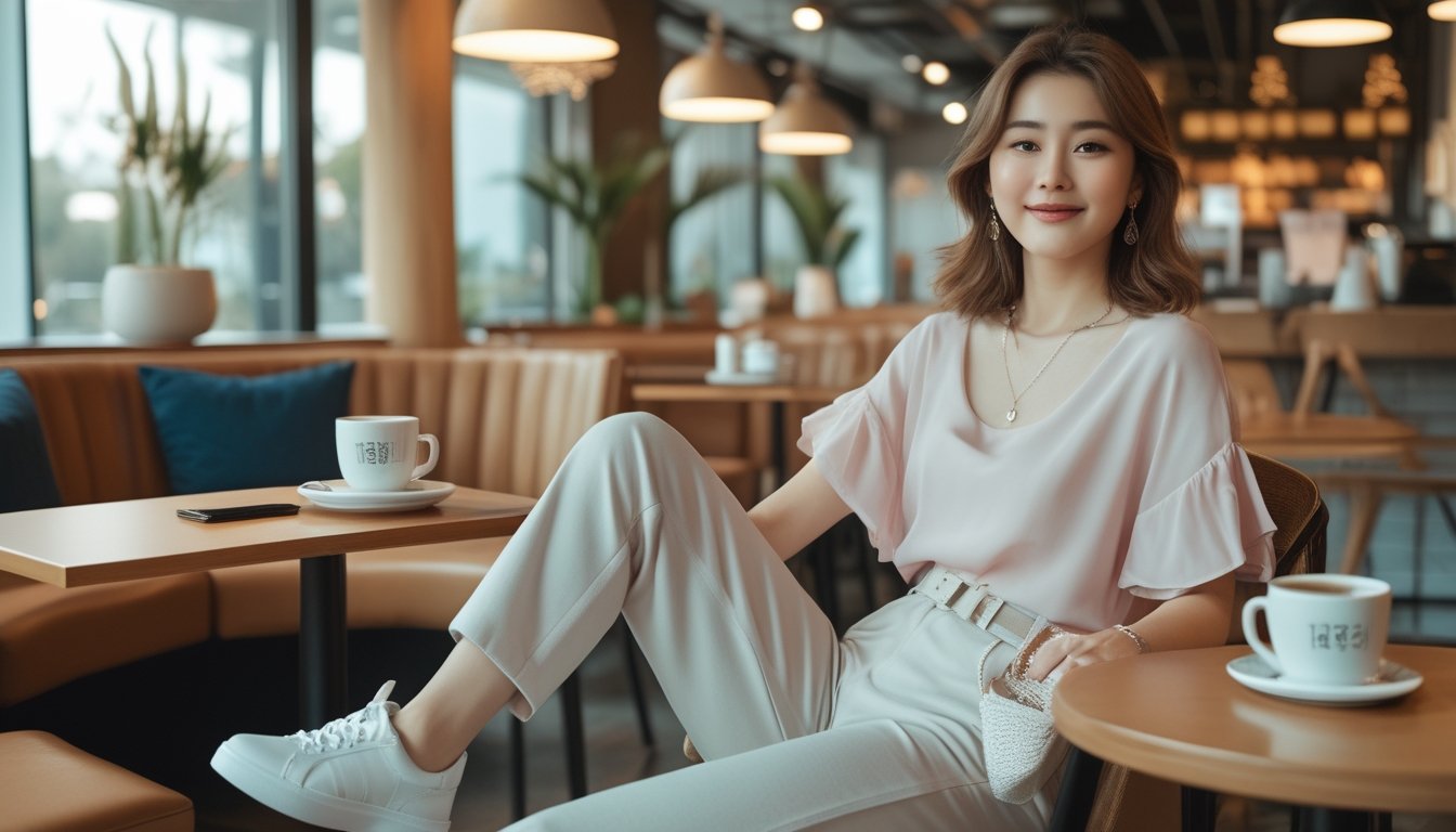 Seorang perempuan muda duduk santai di kafe dengan pakaian kasual bergaya Korea, di meja terdapat kopi dan ponsel.