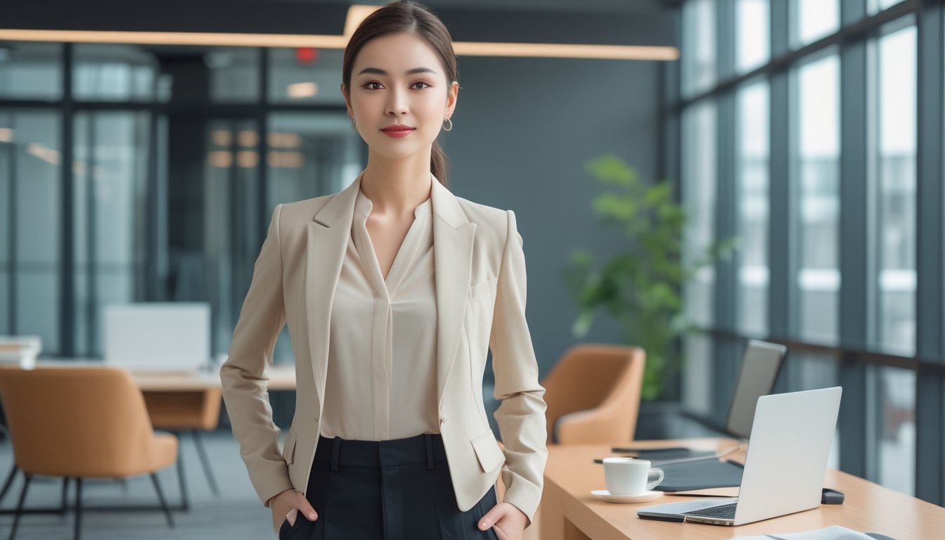 Seorang perempuan berdiri di kantor modern mengenakan pakaian kerja profesional dan elegan, dengan meja dan jendela besar di latar belakang.