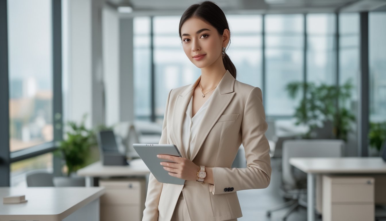 Seorang perempuan berdiri di kantor modern dengan pakaian kerja elegan dan profesional, memegang tablet di tangan.