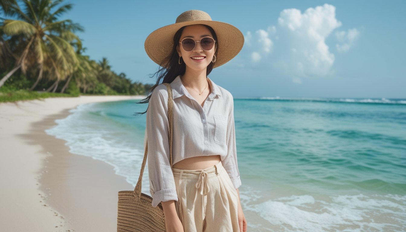 Seorang wanita muda berdiri di pantai dengan pakaian santai dan nyaman, latar belakang pantai berpasir dan laut biru jernih.
