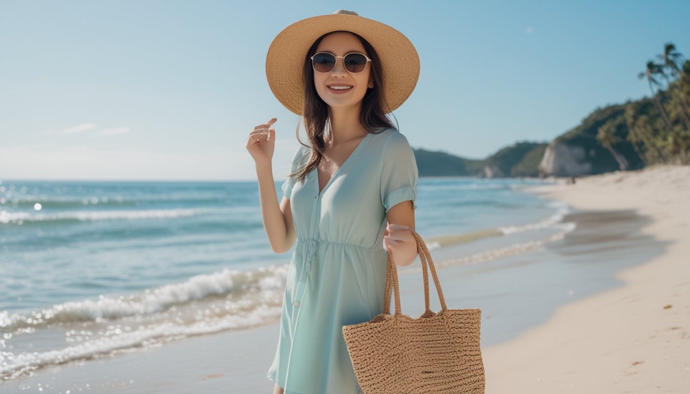 Seorang perempuan di pantai mengenakan pakaian nyaman dan modis, dengan latar belakang pantai berpasir dan langit cerah.