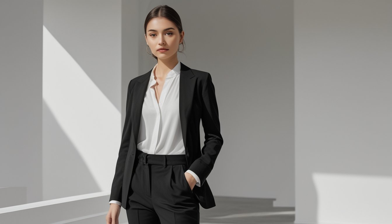 Seorang perempuan berdiri dengan pakaian hitam putih yang sederhana dan rapi di latar belakang minimalis.