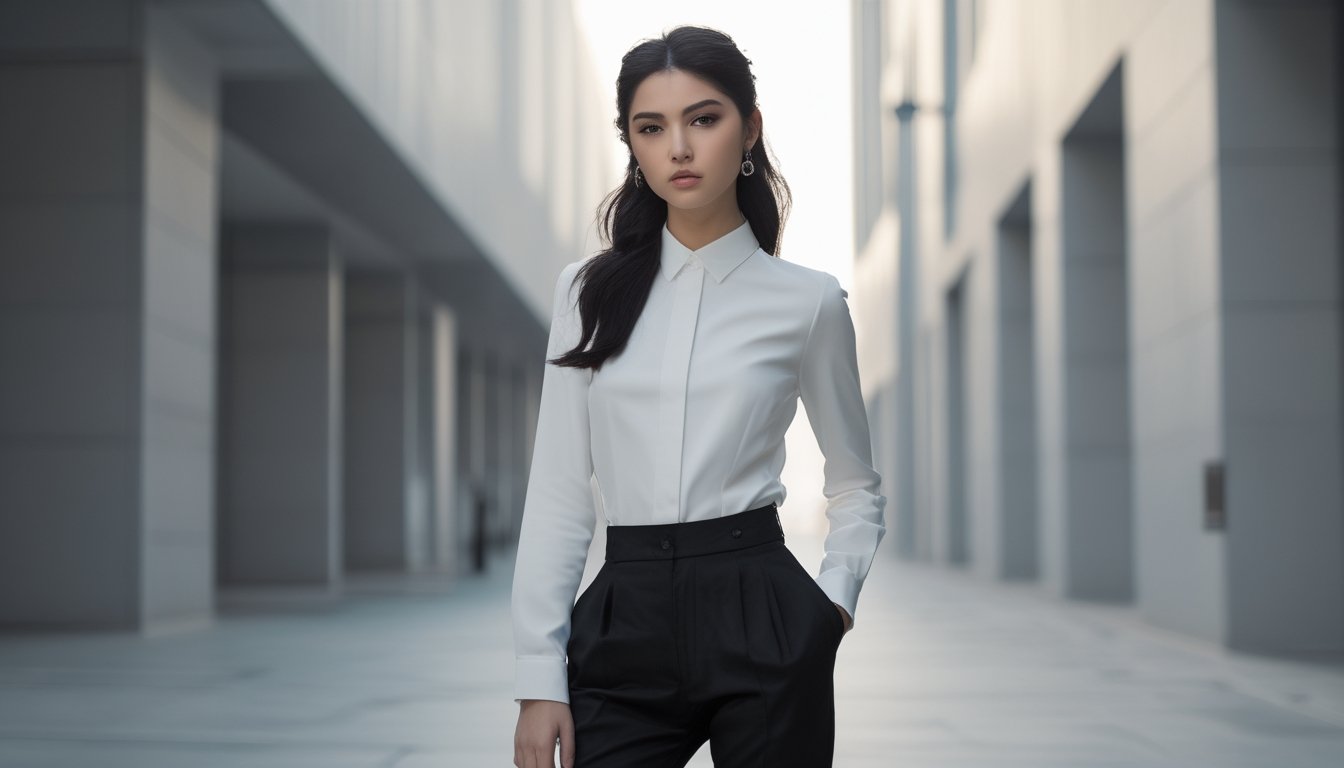 Seorang perempuan berdiri di depan latar kota dengan pakaian hitam putih yang sederhana dan elegan.