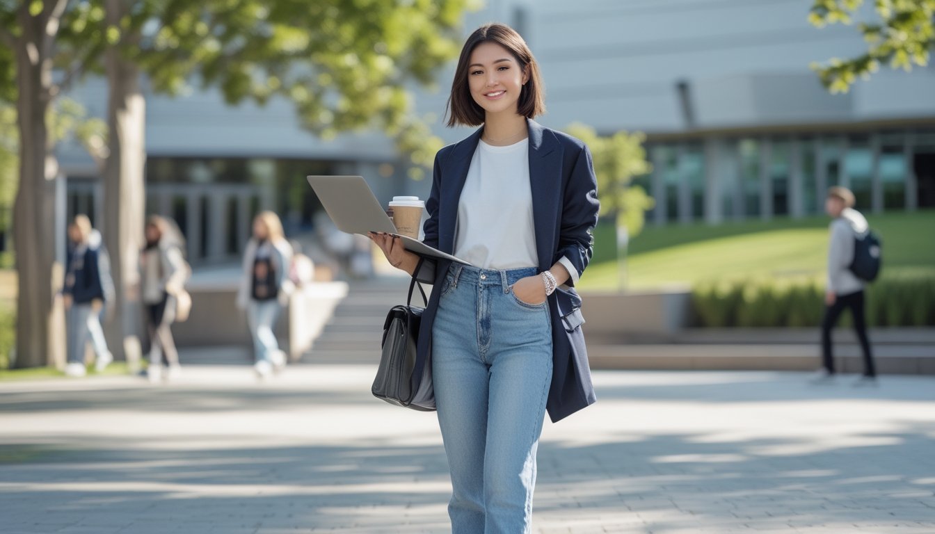 Seorang perempuan muda berdiri di kampus dengan pakaian kasual, memegang laptop dan cangkir kopi, dengan latar belakang arsitektur modern dan pohon hijau.