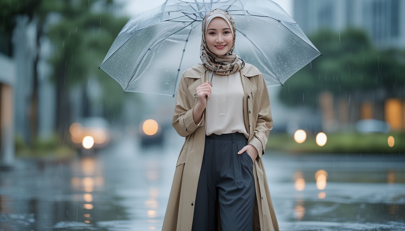 Seorang perempuan mengenakan hijab dan pakaian berlapis berdiri di luar saat hujan dengan payung transparan.