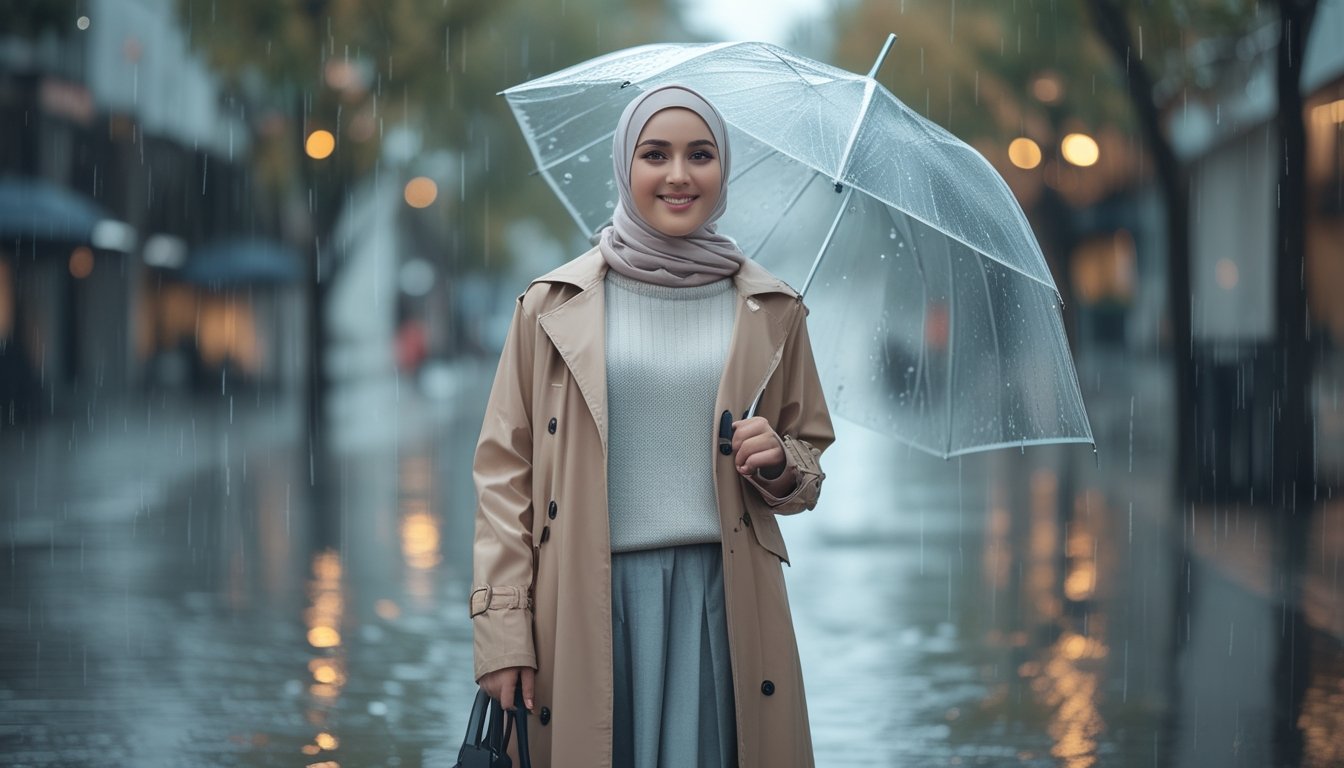 Seorang perempuan berhijab memakai pakaian berlapis untuk musim hujan di jalan kota dengan payung transparan.