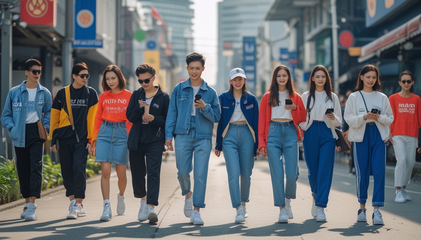 Sekelompok anak muda Indonesia mengenakan pakaian modis berjalan dan berbicara di latar kota yang modern.