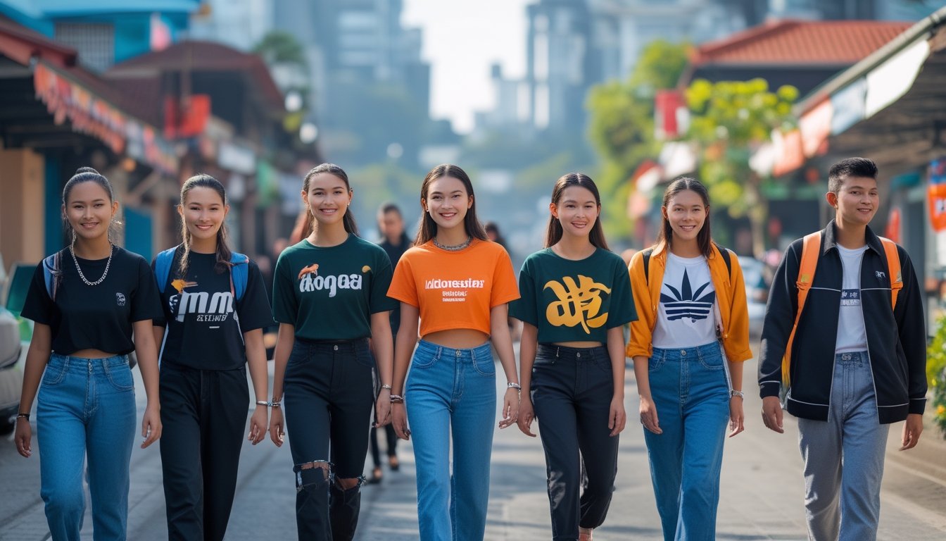 Sekelompok anak muda Indonesia mengenakan pakaian modis terbaru sedang berkumpul dan berjalan di area perkotaan yang ramai.