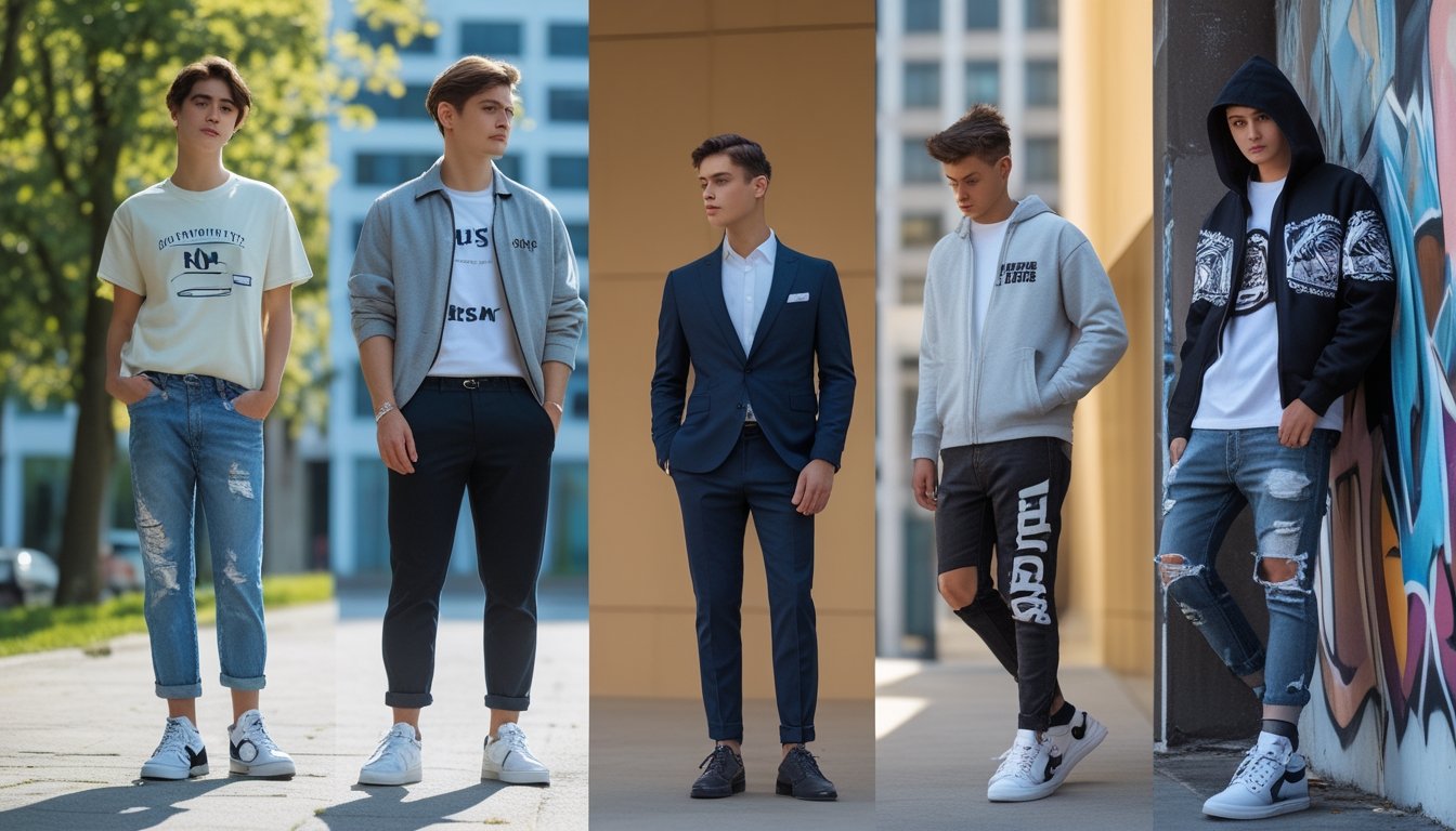 Sekelompok orang dengan pakaian kasual, formal, dan streetwear berdiri di lingkungan perkotaan yang cerah.