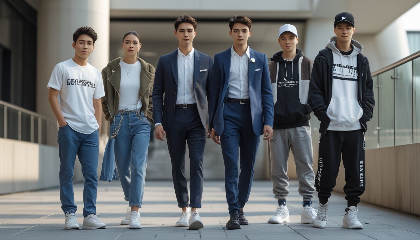 Sekelompok orang muda mengenakan pakaian kasual, formal, dan streetwear berdiri di lingkungan perkotaan.