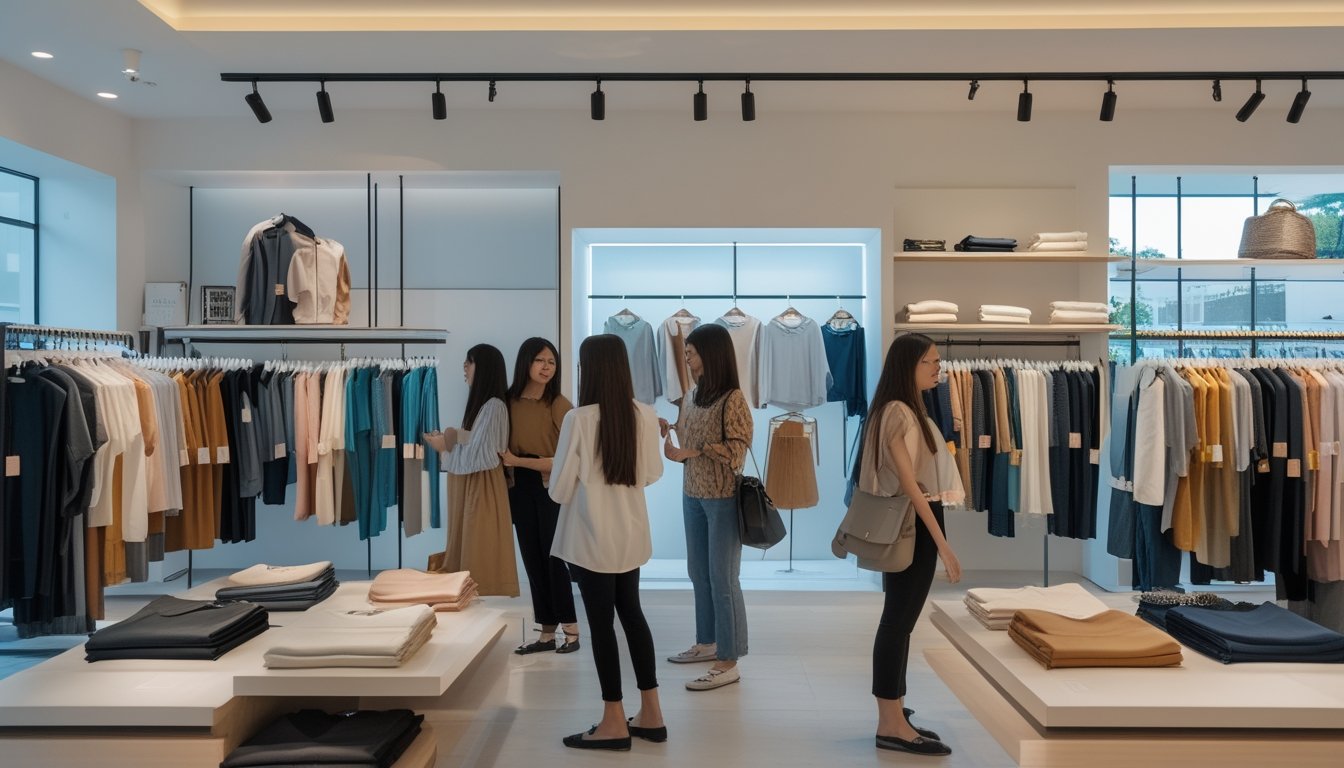 Suasana toko pakaian modern dengan pelanggan yang sedang melihat dan mencoba baju, menampilkan berbagai jenis pakaian yang rapi dan menarik.