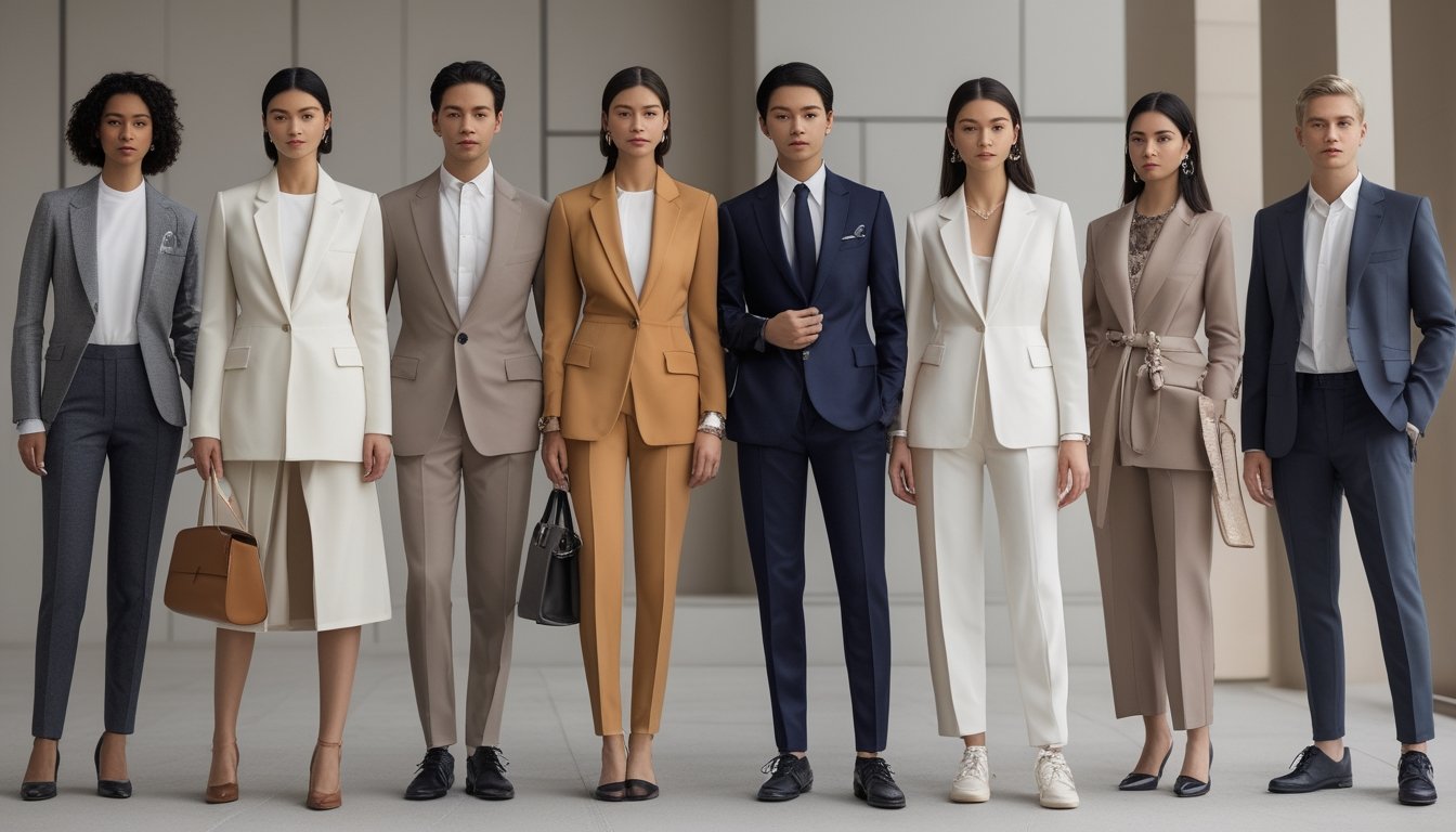 Sekelompok pria dan wanita berpakaian elegan dan modern berdiri di lingkungan perkotaan yang rapi.