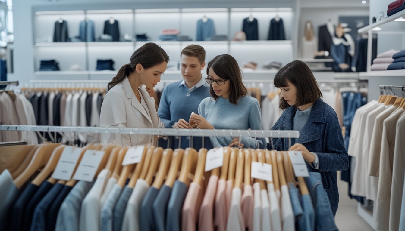 Orang-orang sedang memilih pakaian di dalam toko baju yang rapi dan terang dengan berbagai jenis pakaian dan aksesori.