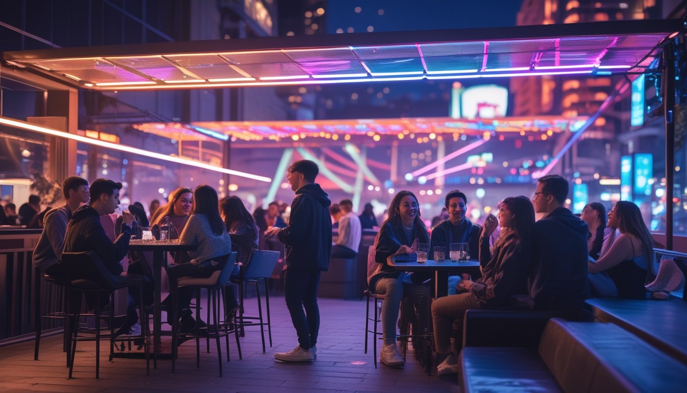 Suasana malam yang ramai di tempat hiburan dengan lampu neon berwarna-warni dan orang muda sedang bersosialisasi dan menikmati minuman di teras luar ruangan.