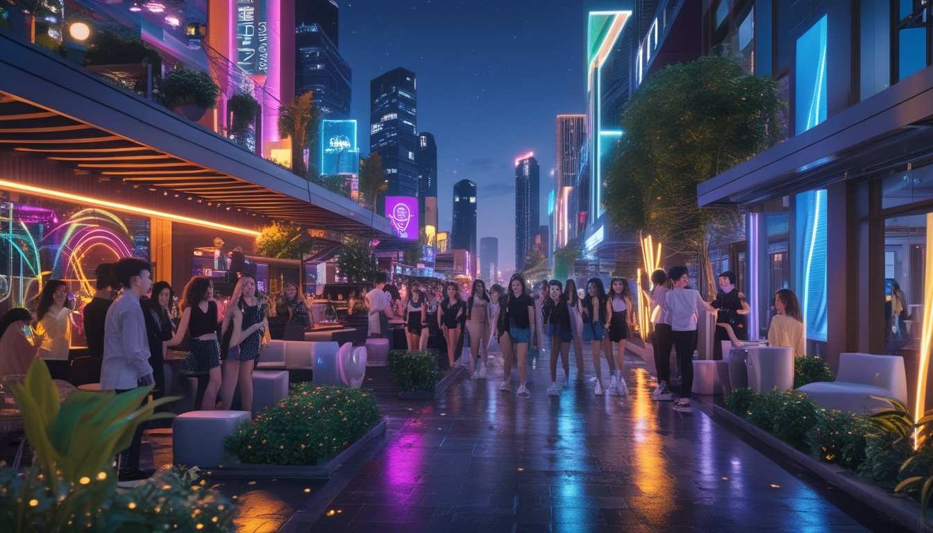 Suasana malam di kota dengan banyak anak muda menikmati tempat hiburan malam yang ramai dan penuh cahaya warna-warni.