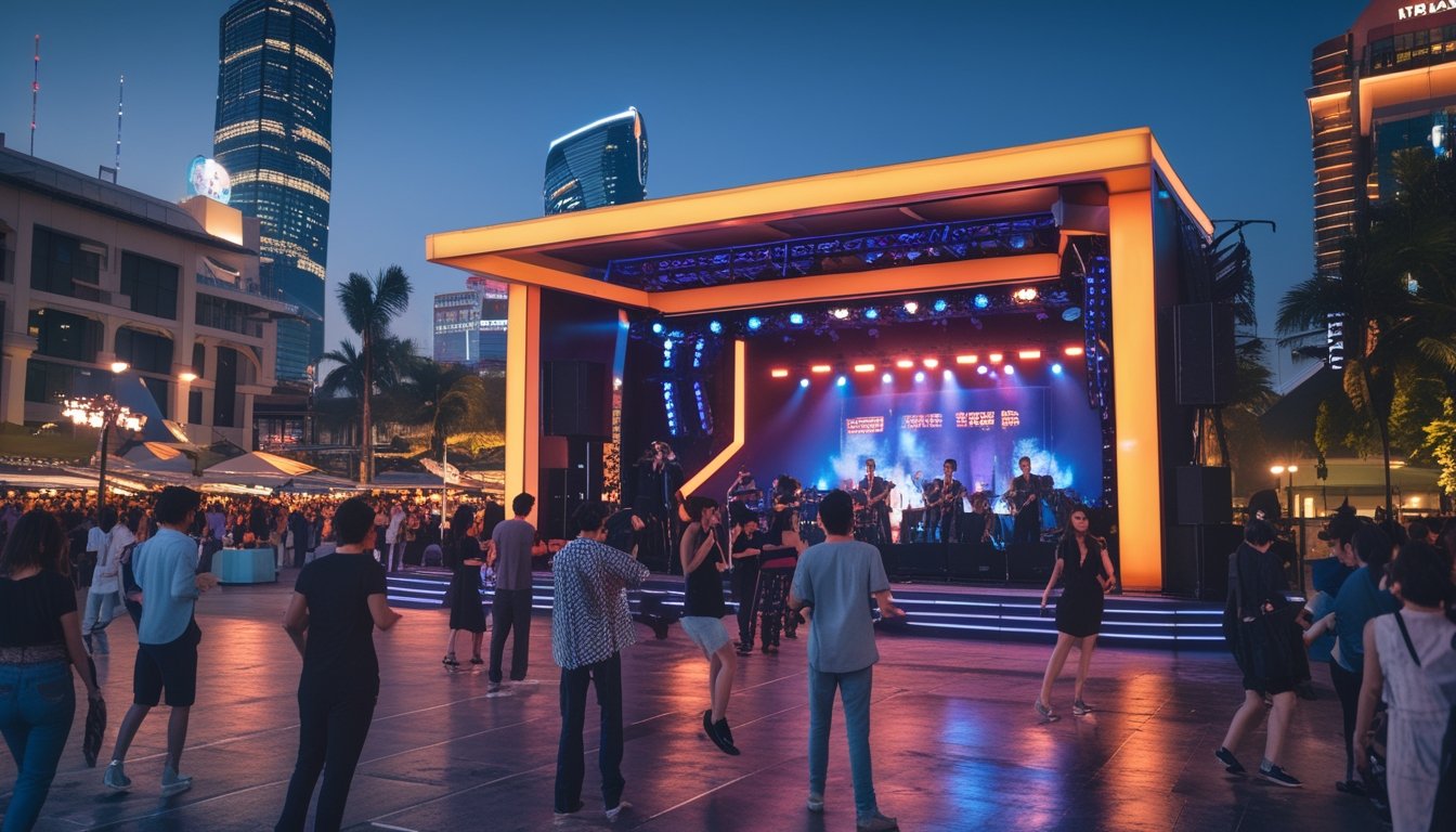 Suasana malam di Jakarta dengan panggung musik live dan orang-orang yang menikmati hiburan dan bersenang-senang.