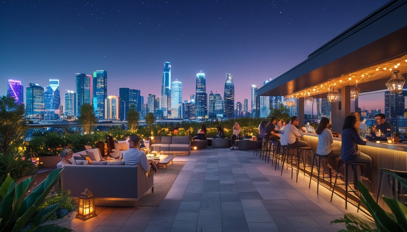 Pemandangan rooftop bar malam hari dengan pemandangan kota yang terang dan orang-orang bersantai di tempat duduk di luar ruangan.