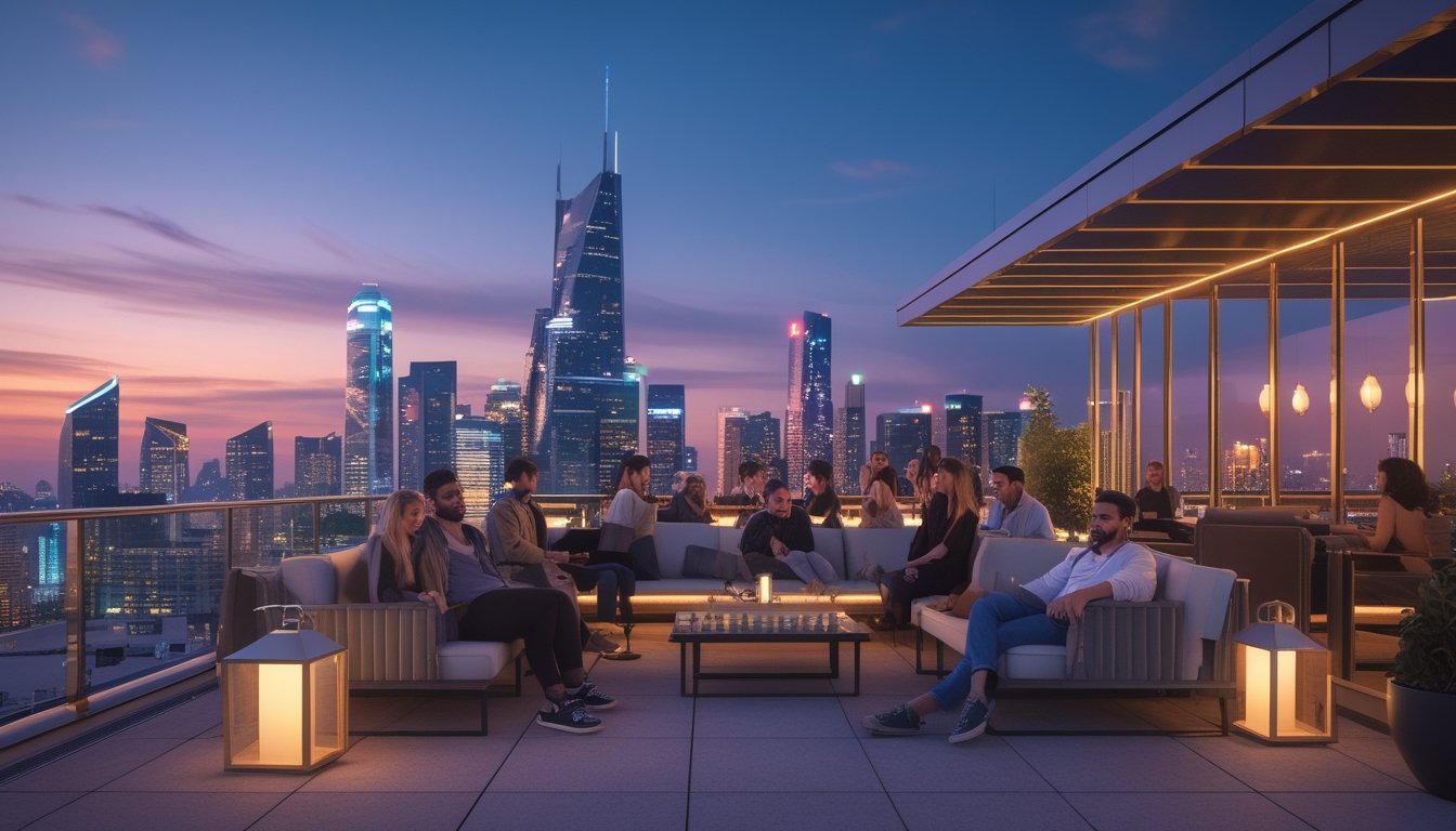 Suasana tempat hiburan malam di rooftop dengan pemandangan kota dan orang-orang bersantai di malam hari.