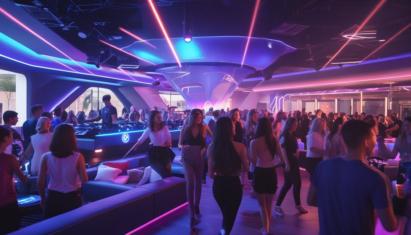 Suasana malam di klub dan lounge dengan orang-orang menari dan bersosialisasi, DJ sedang tampil di panggung dengan lampu warna-warni dan dekorasi modern.