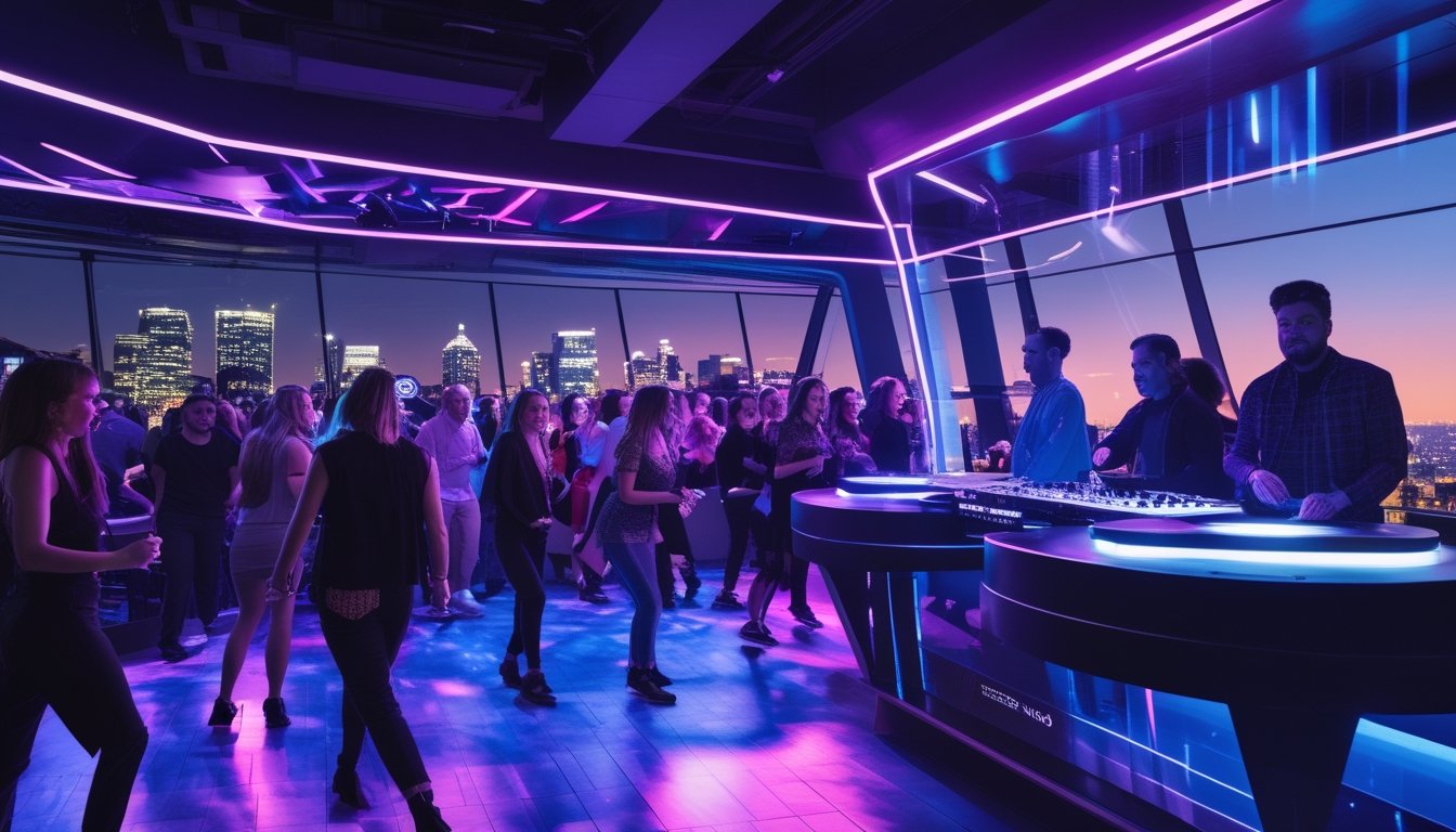 Suasana klub malam futuristik dengan orang-orang menari dan DJ sedang tampil di booth modern dengan lampu warna-warni dan pemandangan kota di latar belakang.