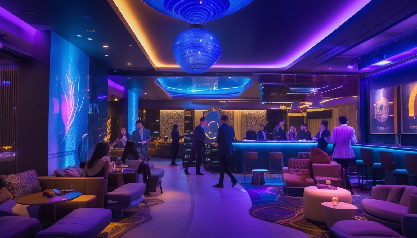 Interior klub malam modern di Indonesia dengan pencahayaan berwarna dan orang-orang sedang berpesta serta berbincang dalam suasana yang meriah dan pribadi.