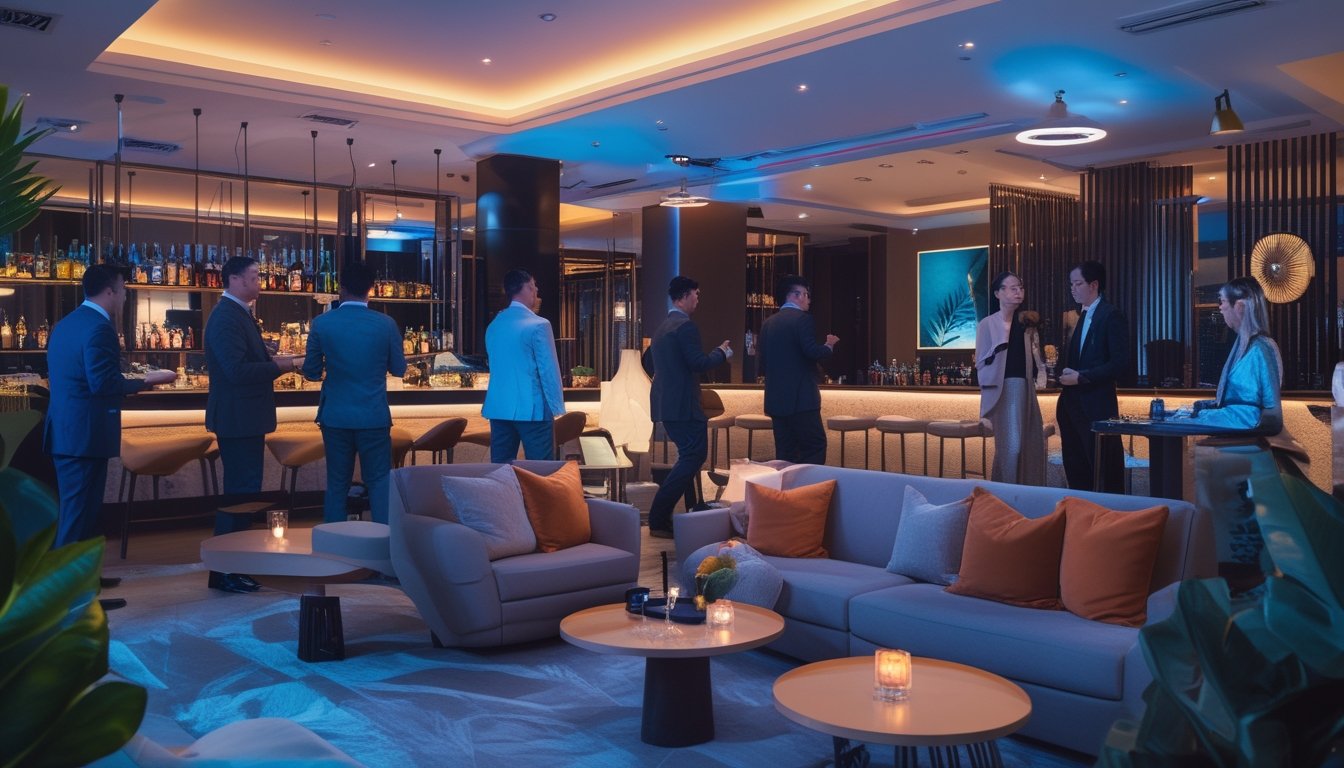 Suasana malam di klub malam modern dengan orang-orang berpakaian rapi sedang bersosialisasi dan merayakan acara spesial.