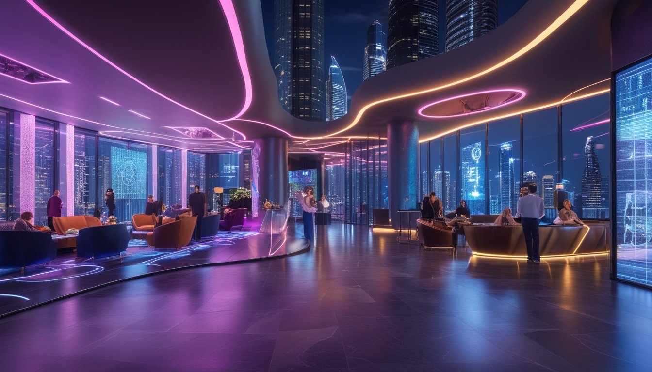 Suasana tempat hiburan malam mewah dengan pencahayaan neon dan orang-orang menikmati waktu di dalam gedung modern di kota metropolitan pada malam hari.