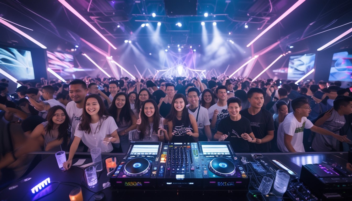 Sekelompok orang muda menari dan bersenang-senang di sebuah klub malam yang ramai dengan lampu warna-warni dan DJ yang sedang tampil.