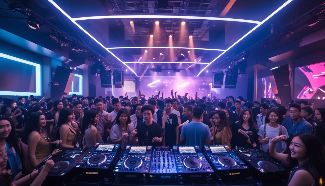 Kerumunan orang muda menari dan menikmati musik di klub malam EDM yang ramai dengan lampu warna-warni dan DJ sedang tampil.