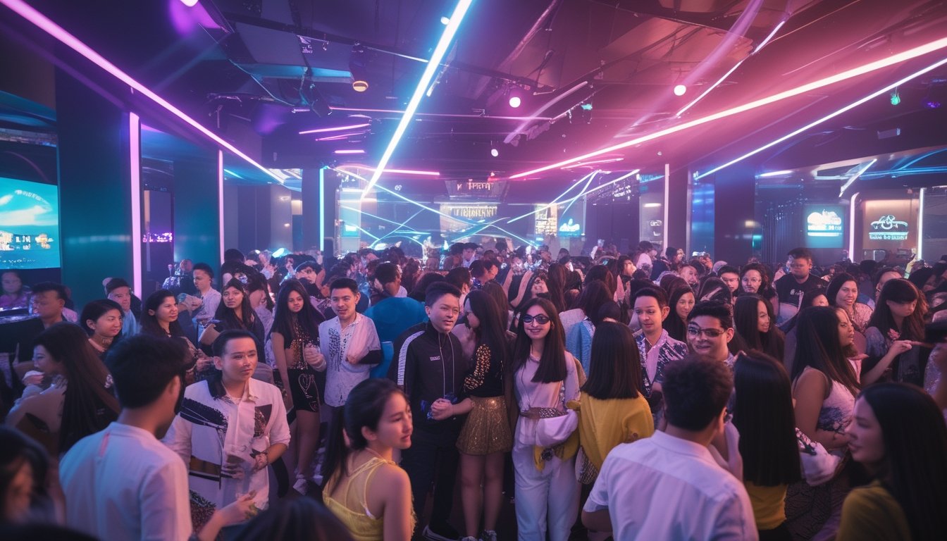 Kerumunan orang muda menari dan bersenang-senang di dalam klub malam yang ramai dengan lampu warna-warni dan DJ sedang bermain musik.