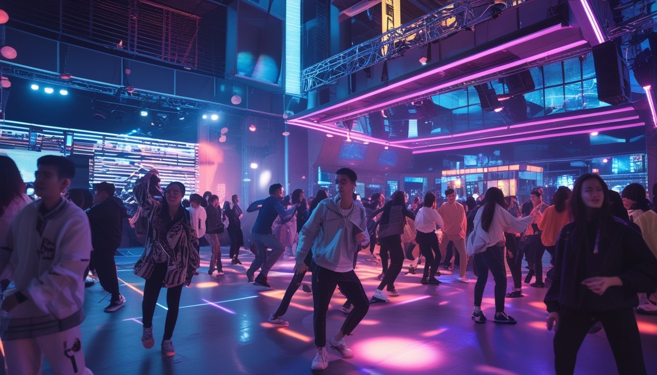 Suasana malam hari di klub malam Jakarta yang ramai dengan orang-orang menari dan bersenang-senang di tengah lampu warna-warni dan gedung tinggi di latar belakang.