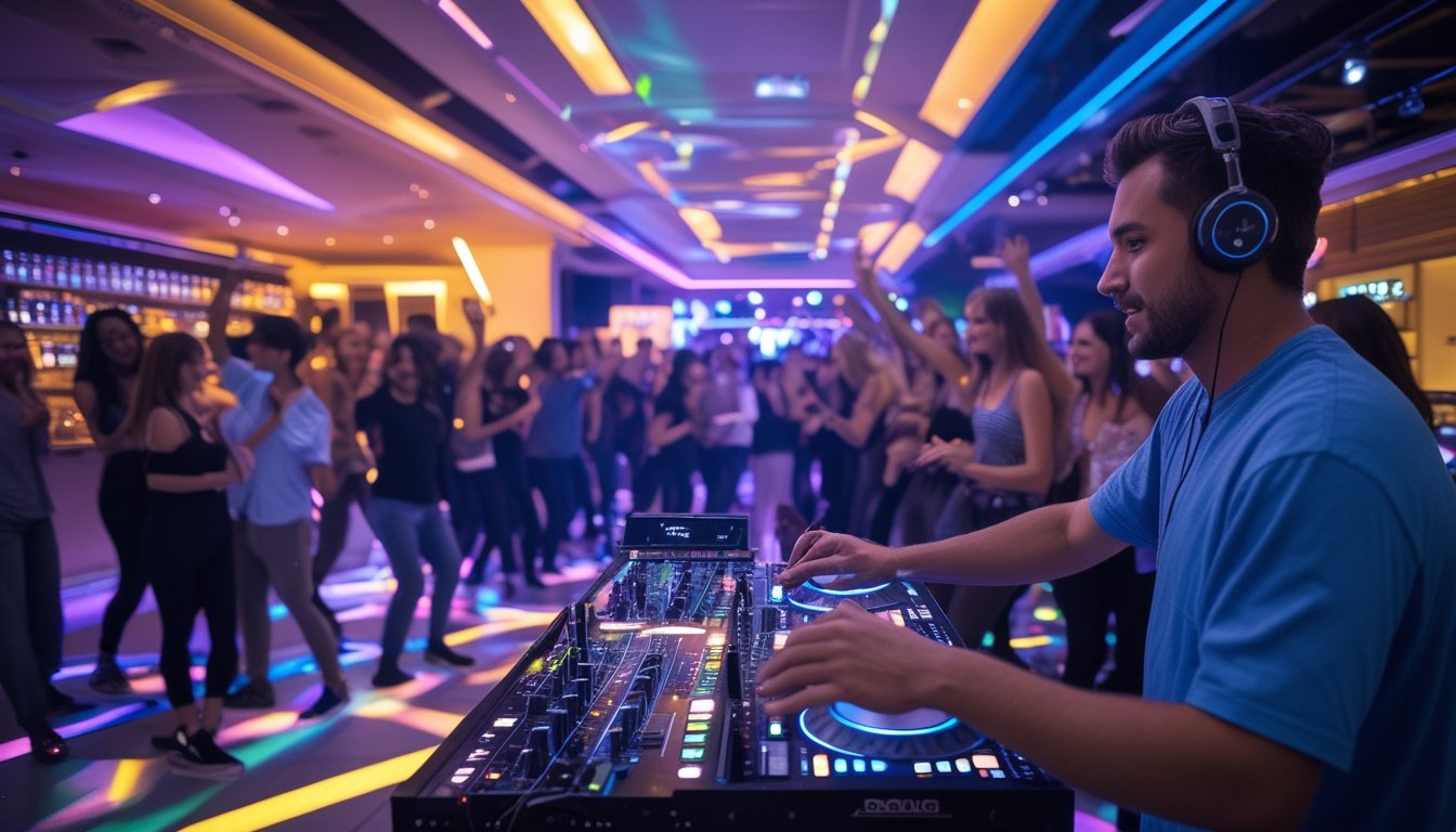 Suasana ramai di dalam klub malam dengan DJ internasional sedang tampil dan orang-orang menari serta bersenang-senang.