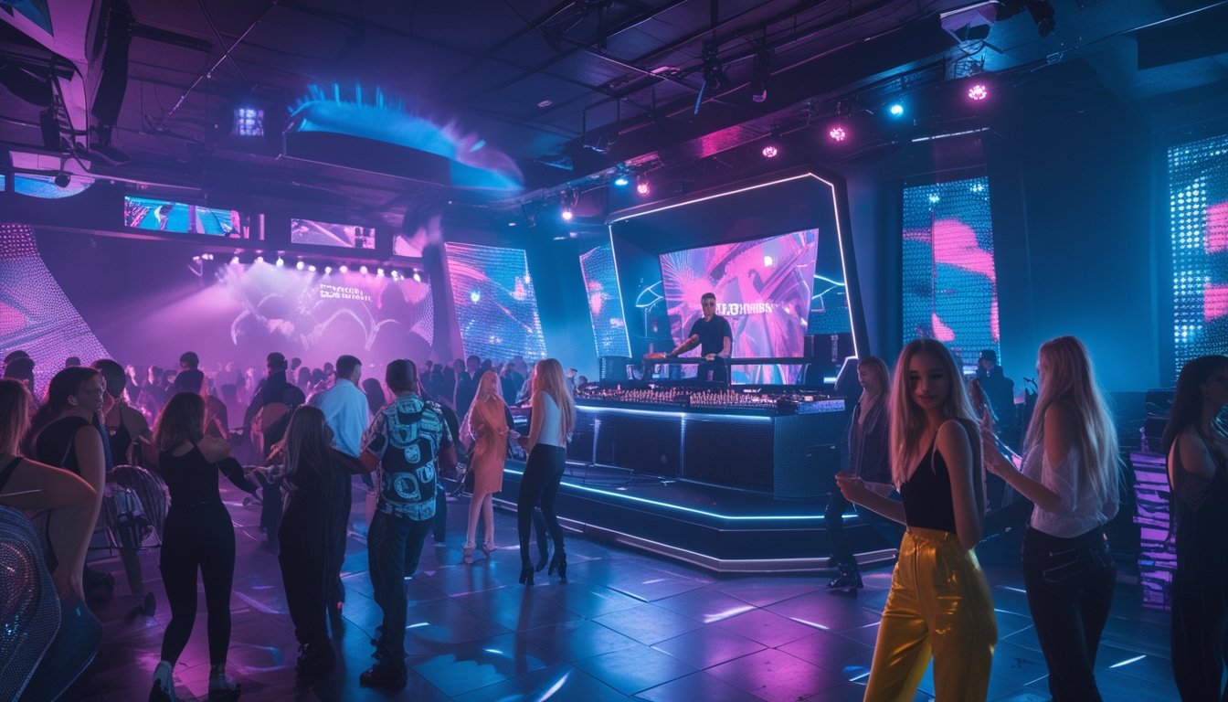 Suasana klub malam yang ramai dengan orang-orang menari dan DJ internasional sedang tampil di atas panggung.