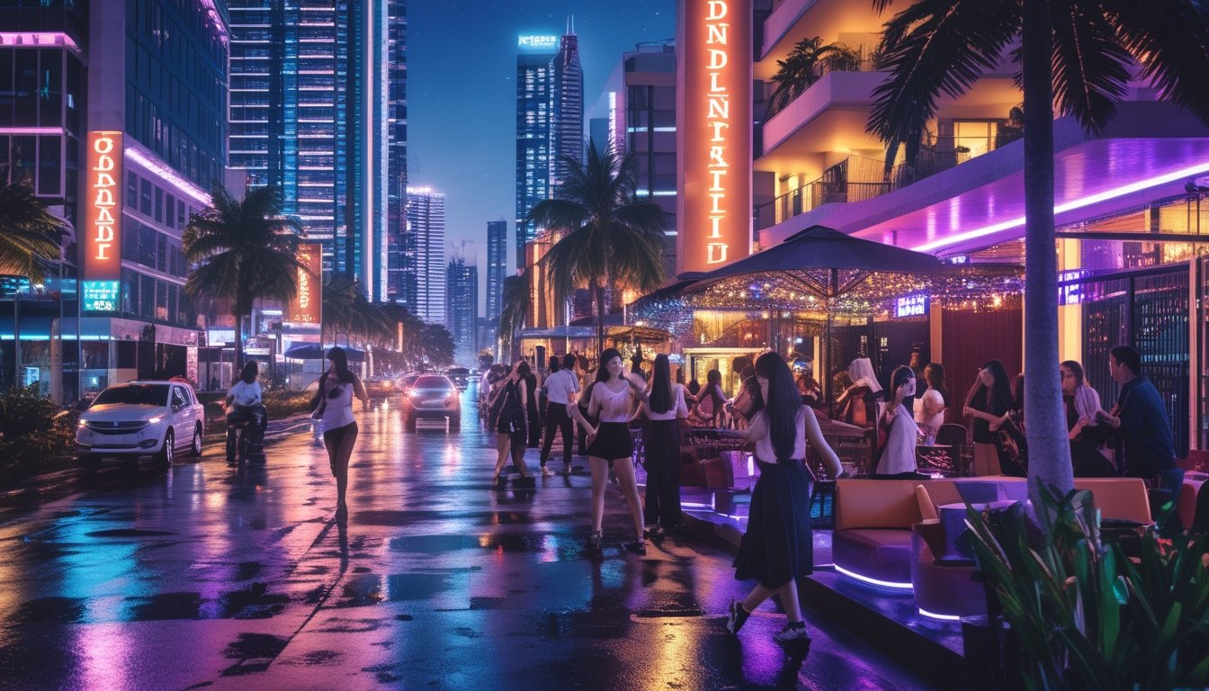 Suasana malam hari yang ramai di distrik klub malam populer di kota besar Indonesia dengan orang-orang muda yang menikmati kehidupan malam di jalan yang diterangi lampu warna-warni.