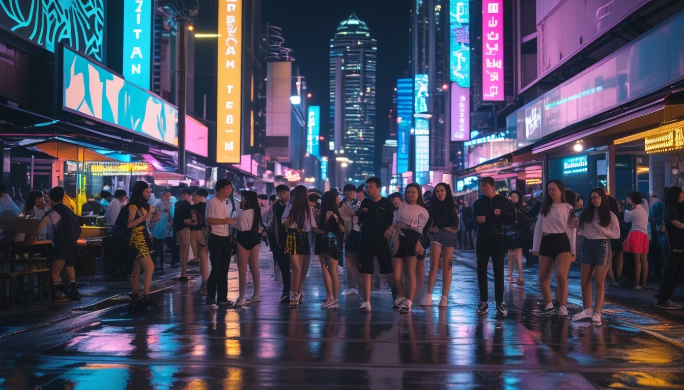 Pemandangan malam kota besar di Indonesia dengan orang-orang muda menikmati hiburan malam di depan klub dan bar yang ramai.