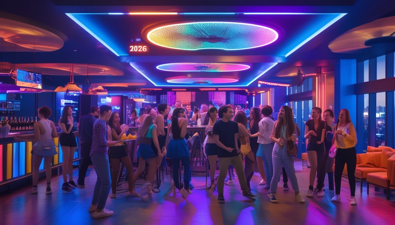 Sekelompok orang muda sedang menikmati suasana klub malam dan bar yang ramai dengan lampu warna-warni dan musik di latar belakang.