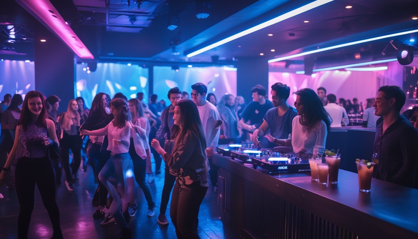 Orang-orang muda menikmati suasana klub malam yang ramai dengan lampu warna-warni dan DJ sedang memutar musik.