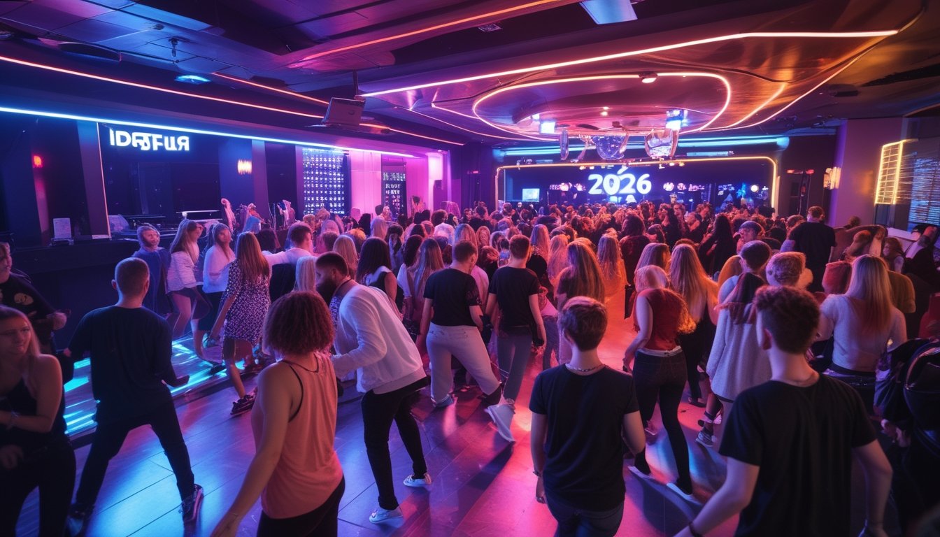 Orang-orang muda menari dan bersenang-senang di dalam klub malam yang ramai dengan pencahayaan warna-warni dan DJ sedang bermain musik.