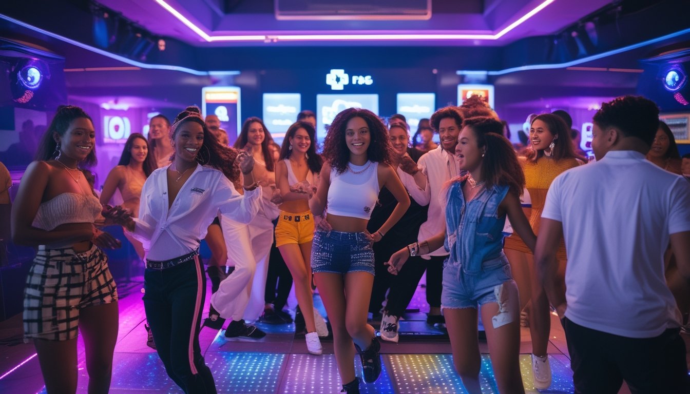 Orang-orang muda menari dan bersenang-senang di dalam klub malam yang ramai dengan pencahayaan warna-warni dan DJ yang sedang bermain musik.