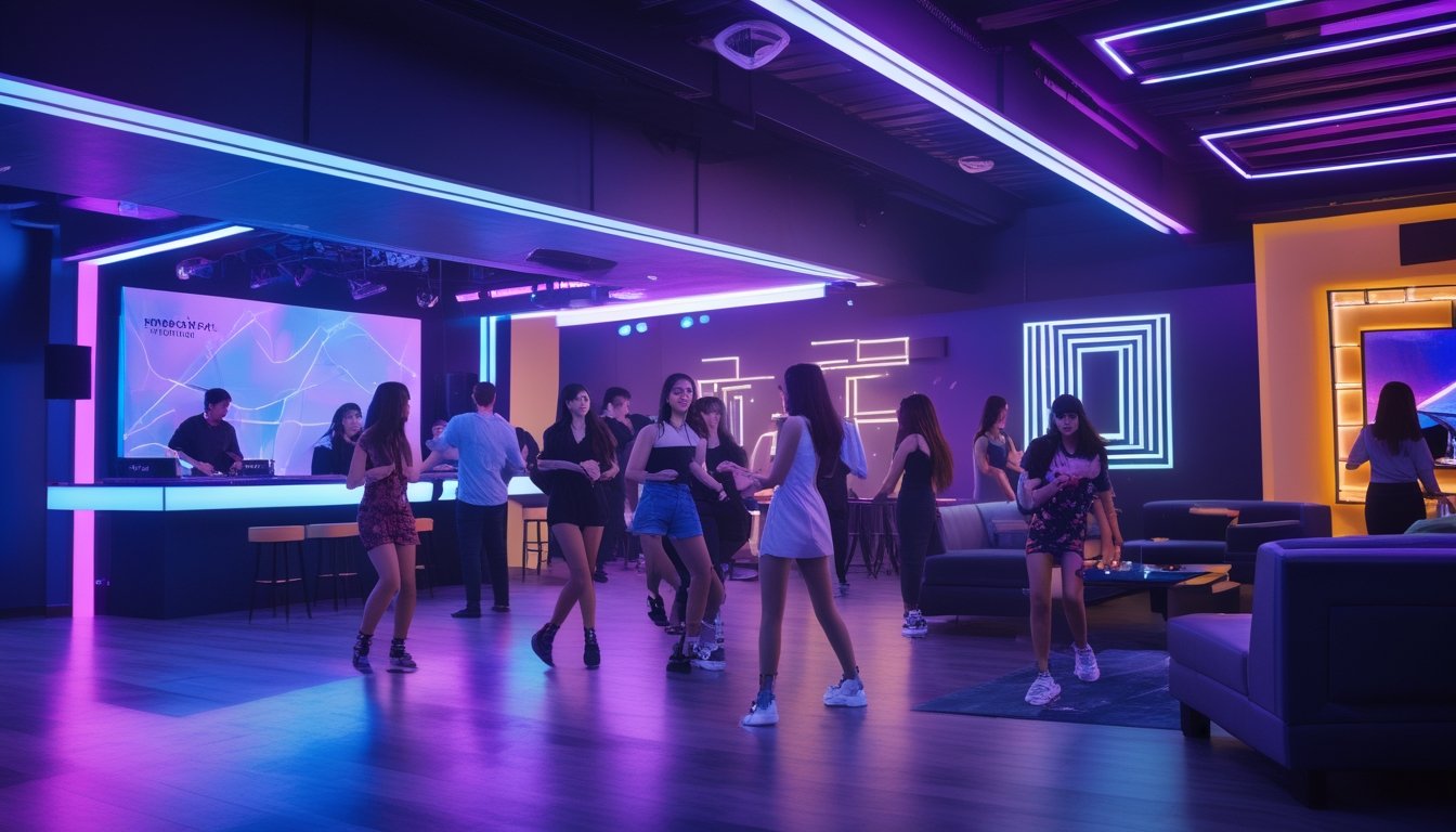 Orang-orang muda sedang berdansa dan bersosialisasi di dalam klub malam yang modern dengan lampu warna-warni di Bandung dan Surabaya.