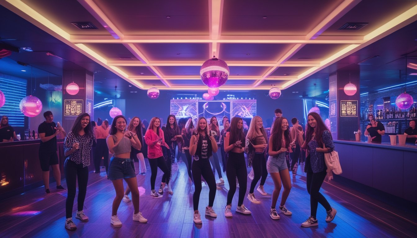 Sekelompok orang muda menari dan bersenang-senang di dalam klub malam yang ramai dan aman dengan pencahayaan warna-warni dan DJ sedang bermain musik.